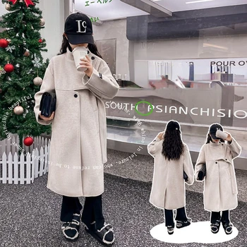 צמר מעיל החורף עבור בנות קוריאני עשרה בנות מעילי צמר אמצע אורך בגדים מזדמנים הילדים בגדים 4-14 שנים P06