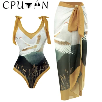 CPUTAN בציר הדפסה V עמוק חתיכה אחת ביקיני 2023 לכסות סקסי Beachwear חצאית נשים רצועה Monokini בקיץ בגד ים שמלה