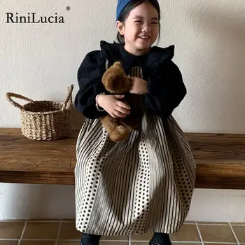 RiniLucia בגדי בנות סטים 2023 ילדים חדשים בגדים מוצק, חולצת שרוול ארוך עם פסים שמלת 2pcs בנות תלבושות בגדי ילדים
