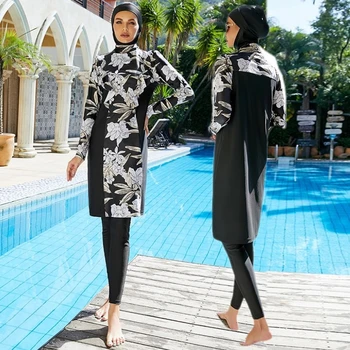 נשים, שלוש חתיכות פיצול בגד ים בגדי ים כיסוי מלא Burkinis מגדיר עבור המוסלמים האסלאמית מודפסות חולצות ומכנסיים שחייה חיג ' אב המכסה