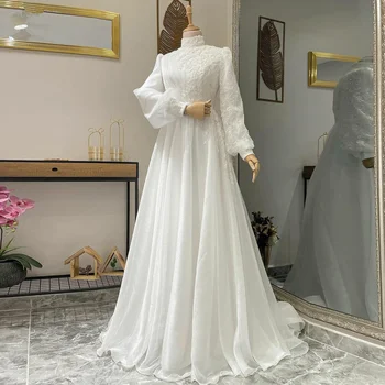 החלוק De Mariée 2023 שנהב שרוולים ארוכים המוסלמים שמלות חתונה קו A-אפליקציה צוואר גבוה טול תחרה שמלת כלה עבור אישה אלגנטית