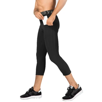 גברים טייץ ריצה עם כיס 3/4 אורך ספורט חותלות דחיסה תחתונים ייבוש מהיר מכנסי קאפרי ריצה כושר כושר