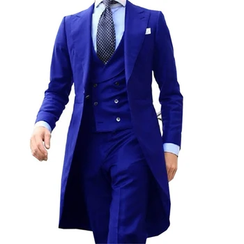 כחול רויאל זנב ארוך בלייזר 3 חתיכות ג ' נטלמן זכר חליפת אופנה של גברים טוקסידו חתן חתונה נשף מעיל האפוד עם מכנסיים