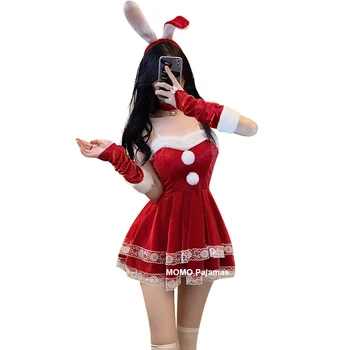 אדום ורוד נשים גברת סנטה קלאוס תחפושת Cosplay חג המולד קטיפה שמלת נשים סקסיות Nightwear חג המולד לוליטה Kawaii תחפושת ארנב