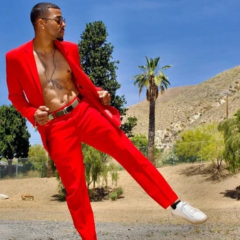 קיץ חם חתונה חליפות Slim Fit אדום חליפות גברים 2 חתיכות תחפושת Homme נשף מסיבה רשמית תלבושת בלייזר Masculino ' קט+מכנסיים
