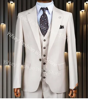 לבן אדם בחליפה אלגנטית להגדיר יוקרה מעצב בגדים החבר Slim Fit זכר בלייזר טקס החתונה השמלה 3Pcs ' קט מכנסיים וסט