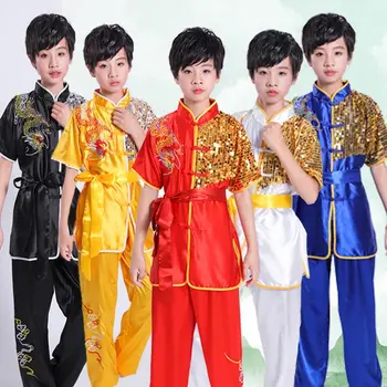 אומנויות לחימה ביצועים בגדי ילדים קונג פו המדים עליון+מכנסיים 2-קטע רקמה הסינית וושו הכשרה בגדים LE459