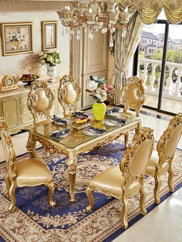 אירופה עץ מלא מגולף מלבני שולחן אוכל, כיסא שילוב וילה זהב שמפניה זכוכית מחוסמת הביתה
