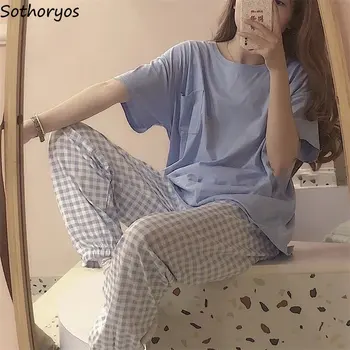 סטים של פיג ' מה לנשים Kawaii הקיץ הקוריאני משבצות זמן מכנסיים קצרים שרוולים מקסימום Loungewear פשוט אופנתי יפן סגנון הלבשת לילה