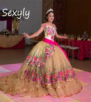 יוקרה זהב פרח שמלת קינסאנךרה 2023 מחוץ כתף ניצוץ פארא מתוקה 15 שמלה אלגנטית המחוך קרו Vestidos דה Xv מסיבה