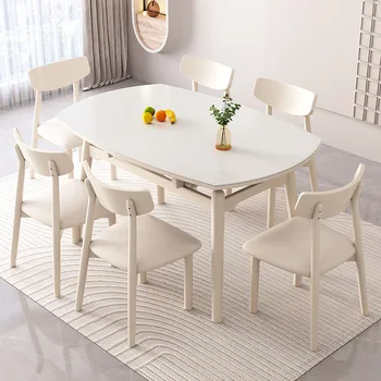 לבן פשוט, שולחן אוכל מודרני חי מרגיע עיצוב שולחן אוכל להגדיר עבור 6 נורדי מקסימום שטח שומרי מסה comedor קישוט