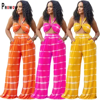 Prowow פסים נשים בגדים להגדיר את הקולר שנחתכו לכל היותר גבוהה עם קו מותן רחבה הרגל המכנסיים שני חלקים חליפות חופשת חוף תלבושות