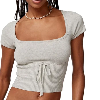 נשים אופנה Y2K סרוגים הקיץ יבול מקסימום מצויד שרוול קצר צוואר מרובע שרוך קדמי מצולעים Ruched חולצה אופנת רחוב