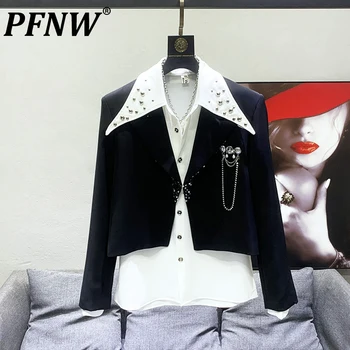 PFNW קוריאנית Fahsion גברים נצנצים טלאים קצר חליפת מעילים מזדמנים זכר בלייזר סתיו נישה עיצוב מעילי 2023 שיק חדש 28W1388