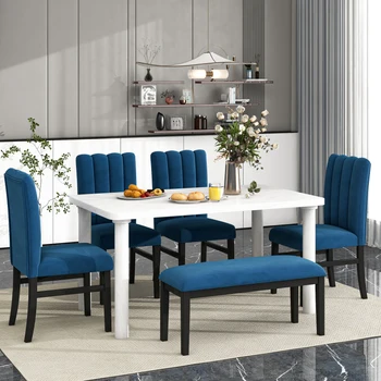 6-קטע שולחן האוכל מסודר עם שיש פורניר, שולחן ו-4 פלנלית כסאות אוכל מרופדים & הספסל עבור מסעדה רהיטים