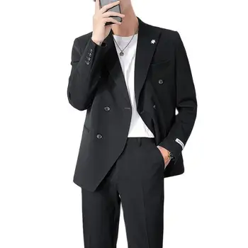 חליפות גברים & בלייזרס 2023(ז ' קט +מכנסיים) שחור קוריאני סגנון Slim-fit כפולות-דש מזדמן חופשי החליפה צבע מוצק