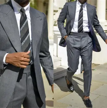 גברים אישית חליפה אפורה חליפות גברים לחתונות חליפות 2 חלקים שיא דש רגיל מתאים רשמי