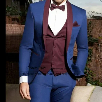 אופנה כחול חליפות גברים הצעיף דש חתן חתונה חליפות 3 חלקים סטים זכר הנשף בלייזרס השושבינים Slim Fit Terno Masculino