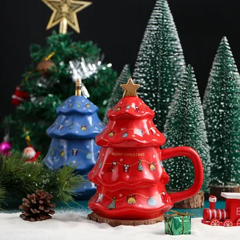 450ml נושא חג המולד קרמיקה גביע עץ חג המולד בצורה כוס קרמיקה עם מכסה קיבולת גדולה ספל קפה שני מתנה גביע