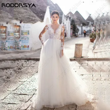 RODDRSYA חתונה אלגנטית שמלת הכלה שרוולים ארוכים סקופ שרוולים שמלות כלה תחרה קו A-אשליה חזרה vestidos דה נוביה