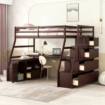 תאום גודל מיטת קומותיים עם 7 מגירות, 2 מדפים, דלפק קל להרכבה מקורה ריהוט חדר שינה