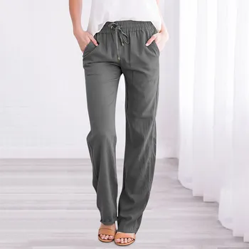 רחב הרגל יוגה מכנסיים לנשים עם קו מותן גבוה רצים מזדמנים חופשי חיקוי כותנה מכנסי פשתן ריצה-ג ' רזי בכיס המכנסיים.