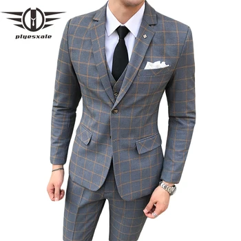 Plyesxale כחול כהה, בורדו, אפור משובץ חליפות גברים חתן Slim Fit חליפת חתונה איכות גבוהה Mens חליפות מעצבים 2023 Q334