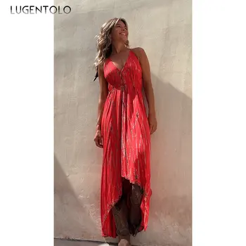 Lugentolo נשים סקסי קיץ שמלת כתפיות V-צוואר מזדמנים שרוכים ללא משענת נשי משוחרר התנופה הגדולה החג בלי שרוולים מקסי מבד