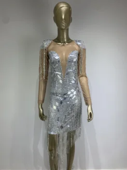 נשים אופנה רשת סקסי נקודת מבט נוצץ ריינסטון עדשות יהלום, שרשרת, שמלה בר מועדון לילה שמלת מסיבת הבמה ביצועים.