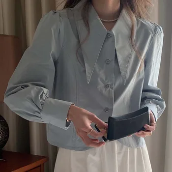 קוריאני שרוול ארוך כפתור נשים חולצות אופנה לבן במשרד מזדמנים נשים חולצות אלגנטיות הצווארון להנמיך הגברת היבול Tops25851