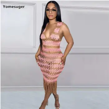 Yomesuger קרושה סרוגים ציצית השמלה נשים אופנה U-צוואר בלי שרוולים Bodycon שמלות מקסי קיץ 2023 נופש חוף תלבושות