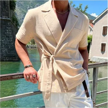 שרוול קצר פשתן מעילים לגברים קיץ החליפה המעיל משמש עם חגורה Slim Fit קל חתונה נשף החתן לובש מעיל שמלה