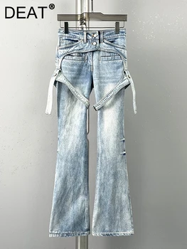 DEAT נשים ג ' ינס גבוהה המותניים המותניים רצועת התחבושת מוצק צבע ישר רחב רגל סרבל מכנסיים 2023 סתיו אופנה חדשה 29L3127
