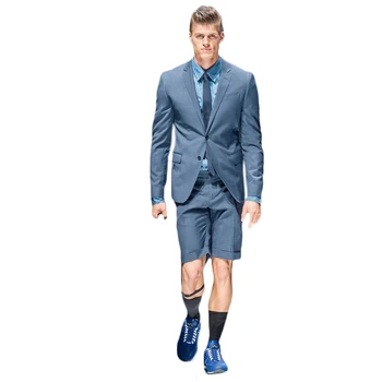 כחול גברים חליפת טוקסידו הקיץ מחורצים דש ' קט עם מכנסיים קצרים בהזמנה אישית אופנה המסלול Slim Fit 2 חתיכה מזדמנים זכר להגדיר