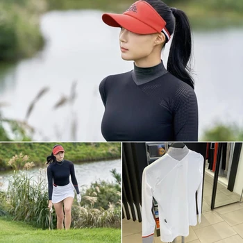 הקוריאני המקורי יחיד גולף הלבשה של נשים עומד הצוואר חולצה שרוול ארוך חדש אלסטי Slim Fit צדדי בתחתית החולצה