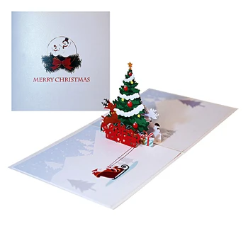 שמח חג המולד 3D-עץ חג המולד צצים כרטיס ברכה עם מעטפה חיתוך לייזר חג סנטה איילים אשוח מתנה