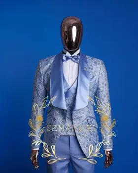 Terno Masculino כחול פרחוני לגברים חליפות 3 חלקים חתונה רשמית טוקסידו הצעיף דש הז ' קט+אפוד+מכנסיים החתן לובש בלייזר סטים