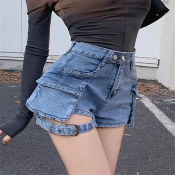 סקסית חלול החוצה אופנת רחוב ג 'ינס מכנסיים קצרים לנשים גבוהה המותניים רטרו מזדמנים מכנסיים קצרים בקיץ סלים כל התאמה כיסי מכנסי ג' ינס קצרים