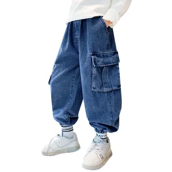 חדש האביב מגניב ילד כחול חופשי ישר-רגל הרמון ג 'ינס מכנסיים לילדים ילדים מטען ג' ינס מכנסיים עם כיס 5 7 9 11 13 14Y