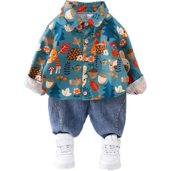1-10Y בייבי בנים תלבושת עבור הילדים בגדי ילדות מקרית לשני המינים האביב & סתיו תינוק שרוול ארוך מודפסים חולצה+ג ' ינס ספורט סטים