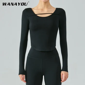 WANAYOU יוגה חולצות נשים חלקה לנשימה חולצה שרוול ארוך פילאטיס גזורה יבש מהירה כושר ריצה ספורט חולצה