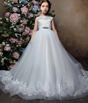 אלגנטי ילדים פרח ילדה שמלות לבן תחרה, אפליקציות טול ילדים רשמית על מסיבת החתונה הקדושה הטקס הראשון השמלה 1-16T
