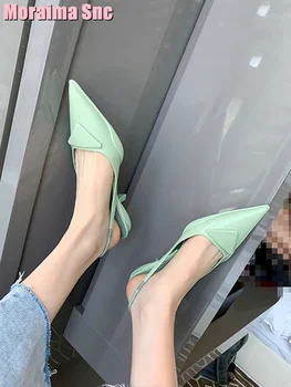 מחודד בוהן Slingback חתלתול עקב סנדלים רדוד להחליק על אופנה סקסית נעלי נשים קיץ אמצע העקב אור ירוק מוצק מקרית 2023