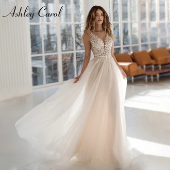אשלי קרול קו שמלת כלה באיכות גבוהה 2023 בוהו עמוק V-צוואר חרוזים חתונה שמלת הערב ללא משענת אפליקציות Vestidos דה נוביה