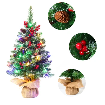 מיני עצי חג המולד עץ חג המולד מלאכותי עם צבעוני מחרוזת אור יער אורן קישוטים הביתה קישוטי החג